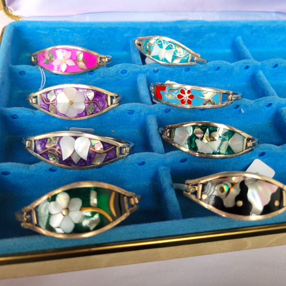 Lot of 8 Vintage Mexican Sterling Silver Bangles Mother of Pearl Abalone Child